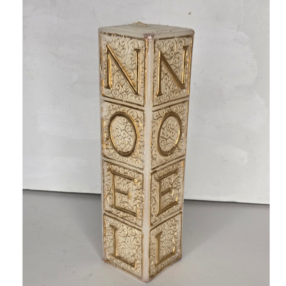 Vintage Noel Christmas Pillar Block Candle Gold Embossed Scroll Holiday Decor